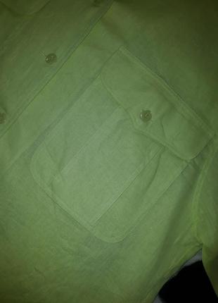 Стильная натуральная салатовая льняная прямая рубашка с накладными карманами в составе лён и котон6 фото