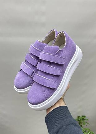 Лавандовые кеды на липучке натуральный замш кожа 36-41