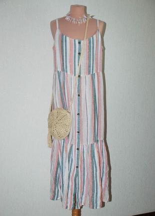 Батал полосатый сарафан натуральный с рюшей  рюшью на шлейках бретельках платье4 фото