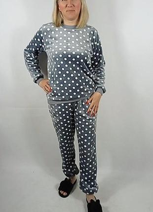 Пижама теплая махровая женская серая горошек р.48-58