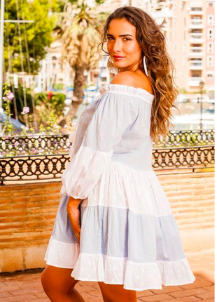 Бело-голубая туника-платье из хлопка цвета деним в стиле бохо indiano3 фото