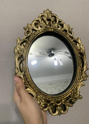 Зеркало зеркало люстерко настенное настольное винтажное ретро раритет старинное золотистое золотое вензели барокко рококо с узорами1 фото