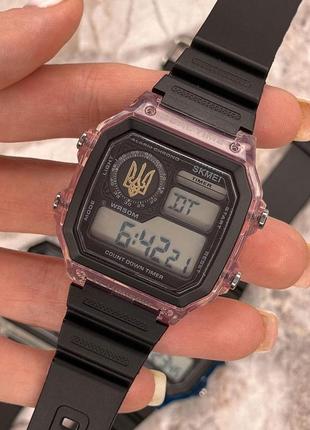 Тактичний годинник skmei 1998pkgdua з логотипом тризуб чорно-рожевий гумовий ремінець3 фото