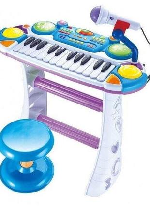 Піаніно дитячий синтезатор на ніжках зі стільчиком і мікрофоном. 24 клавіші (2 октави), 7235 синій