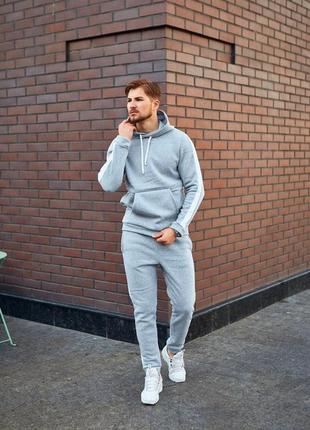 Мужской спортивный костюм серый с белым с лампасами весенний осенний asos | комплект худи и штаны