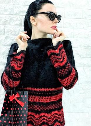 Вязаный свитер из мохера ручная работа черно-красный элегантный