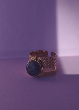 Перстень кольцо каблучка кільце сталь позолота натуральний камінь2 фото