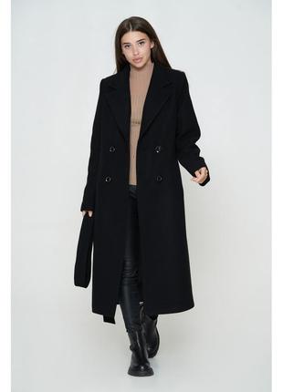 Черное двубортное женское кашемировое пальто с английским воротником (42-60р.)
