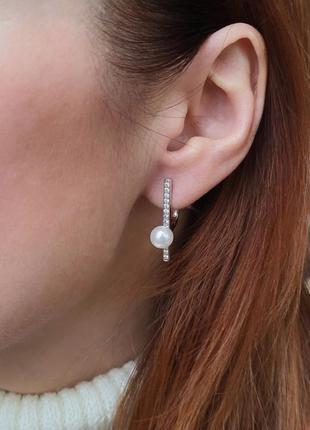 Серебряные серёжки серьги шар с белым жемчугом серебро 925 пробы родированное 904 3.39г