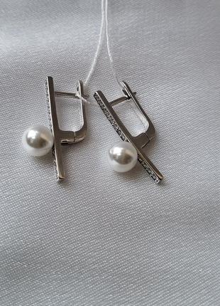 Срібні сережки сережки куля з білими перлами срібло 925 родоване 904 3.45г6 фото