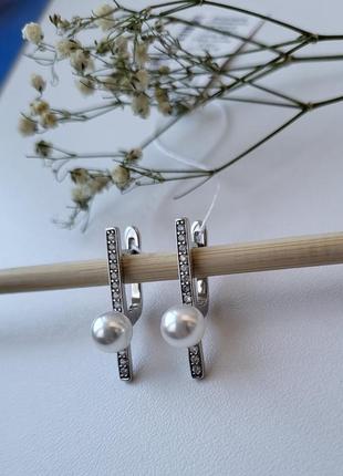 Срібні сережки сережки куля з білими перлами срібло 925 родоване 904 3.45г4 фото