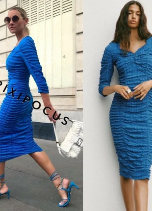 Жаккардовое облегающее платье синее с длинным рукавом zara7 фото