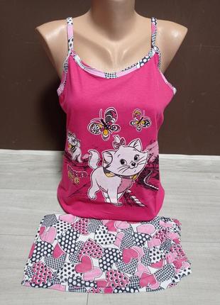 Пижама подростковая для девочки майка с шортами турция кот 12-16 лет 100% хлопок розовая  сирень