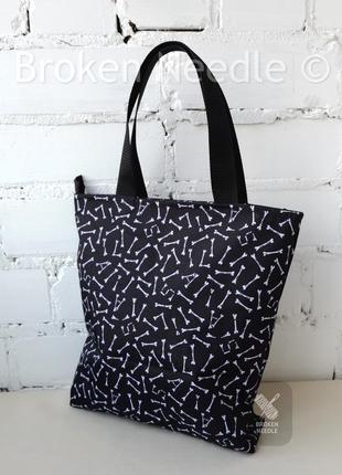 Сумка-шоппер з кісточками, еко сумка, торба, сумка-пакет на замку/черный шоппер с косточками6 фото