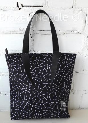 Сумка-шоппер з кісточками, еко сумка, торба, сумка-пакет на замку/черный шоппер с косточками5 фото