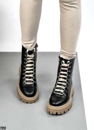 Кожаные ботинки деми на байке натуральная кожа весна осень берцы черные бежевая подошва2 фото