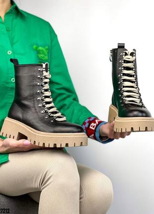 Кожаные ботинки деми на байке натуральная кожа весна осень берцы черные бежевая подошва3 фото
