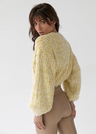Укорочений жовтий пухнастий светр джемпер з об'ємними рукавами2 фото