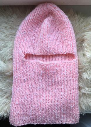 Вязаная шапка балаклава шлем розовая ручной работы зимняя1 фото