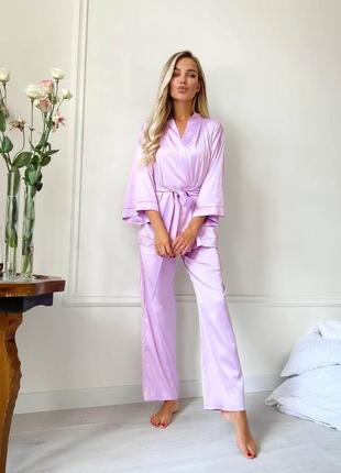Женская шелковая однотонная пижама на запах кимоно комплет для дома и сна1 фото