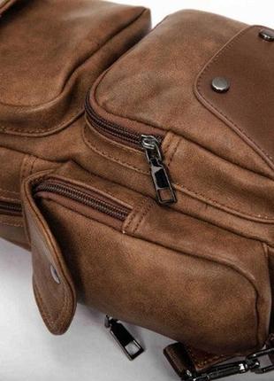 Мужская сумка мессенджер на плечо качественная бананка слинг. рюкзак кросс-боди коричневая эко кожа5 фото