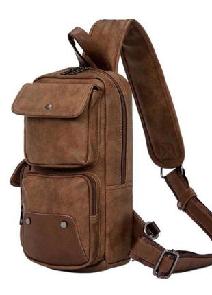 Мужская сумка мессенджер на плечо качественная бананка слинг. рюкзак кросс-боди коричневая эко кожа8 фото