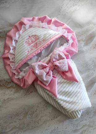 Зимний плюшевый конверт для девочек на выписку, вышивка, белый с розовым1 фото