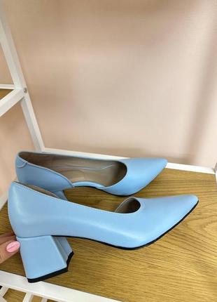 Женские туфли лодочки из натуральной кожи голубого цвета на каблуке 6 см2 фото