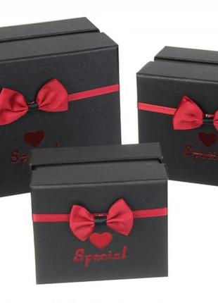 Подарункові коробки квадратні чорні з бантиком (комплект 3 шт), розм.l: 24.5*24.5*11.5 см