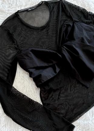 Трендовая черная рубашка zara в сеточку с бантом4 фото