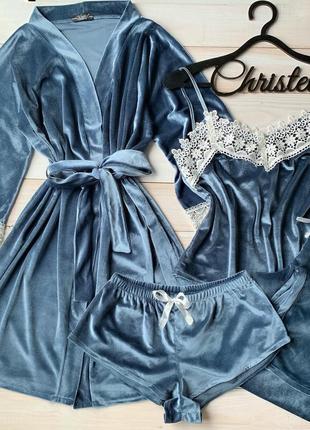Жіноча піжама, нічна білизна комплект трійка бархат шорти майка штани халат голубий