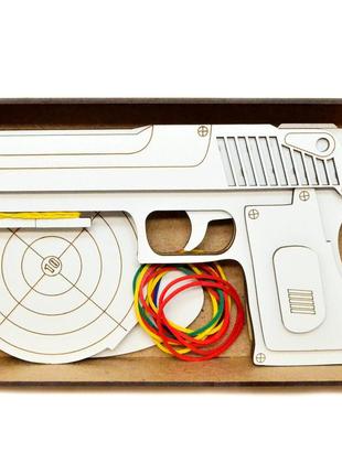 Дерев'яний гумкостріл самозарядний з мішенню пістолет стріляє резинками дальність 7-10 м біле лдвп