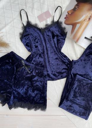Женская пижама, ночное белье комплект тройка велюр шорты майка брючины синий3 фото