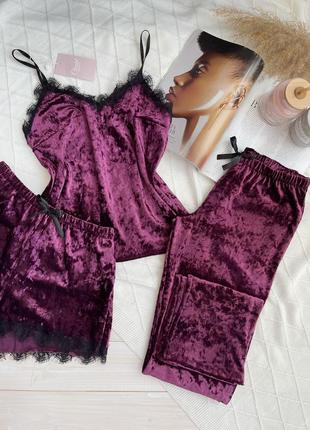 Женская пижама, ночное белье комплект тройка велюр шорты майка штаны розовый малина3 фото