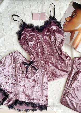 Жіноча піжама, нічна білизна комплект трійка велюр шорти майка штани рожева