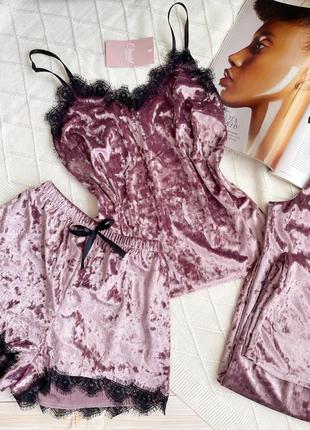 Женская пижама, ночное белье комплект тройка велюр шорты майка штаны розовая4 фото