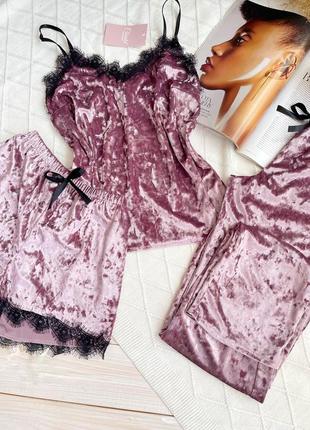 Женская пижама, ночное белье комплект тройка велюр шорты майка штаны розовая5 фото