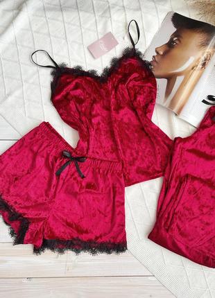 Женская пижама, ночное белье комплект тройка велюр шорты майка штаны красный2 фото