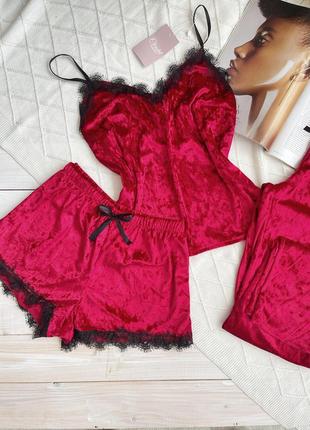 Женская пижама, ночное белье комплект тройка велюр шорты майка штаны красный6 фото