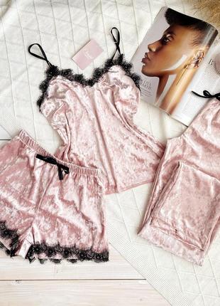 Жіноча піжама, нічна білизна комплект трійка велюр шорти майка штани рожева