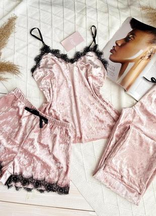 Женская пижама, ночное белье комплект тройка велюр шорты майка штаны розовая6 фото