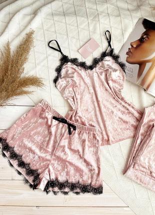 Женская пижама, ночное белье комплект тройка велюр шорты майка штаны розовая3 фото