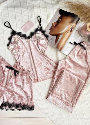 Женская пижама, ночное белье комплект тройка велюр шорты майка штаны розовая7 фото