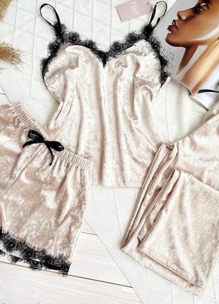 Женская пижама, ночное белье комплект тройка велюр шорты майка брючины беж4 фото