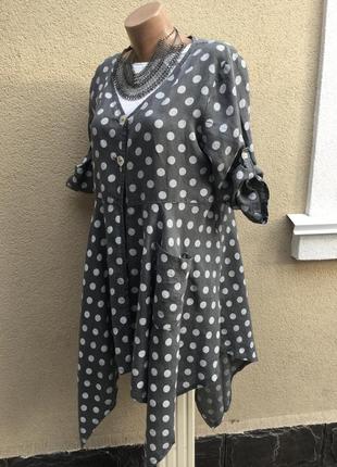 Льон,асиметричний кардиган,туніка,блуза,сукня-халат в горохи,великий розмір1 фото