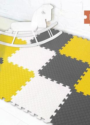М'яка підлога килимок-пазл "веселка" набір 12 штук 50х50х1 см. розмір 200*150 см. колір: сірий/білий/жовтий