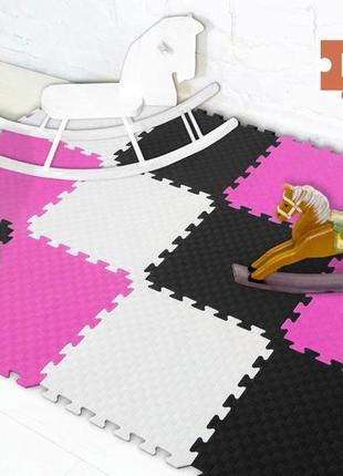 М'яка підлога килимок-пазл "веселка" набір 12 штук 50х50х1 см. розмір 200*150 см. колір: чорний/білий/рожевий1 фото