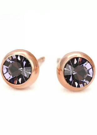 Золотисті сережки гвоздики пуссети з бузковим камінчиком