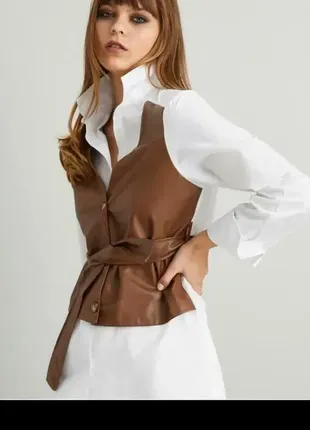 Плаття-сорочка зі шкіряними вставками в стилі zara, блузка-сорочка з корсетом3 фото