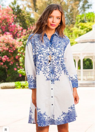 Белая с синим пляжная туника рубашка с вышивкой индиано код 1276